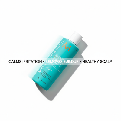 Moroccanoil scalp balancing shampoo in turquoise bottle with white cap for calming irritation and healthy scalp