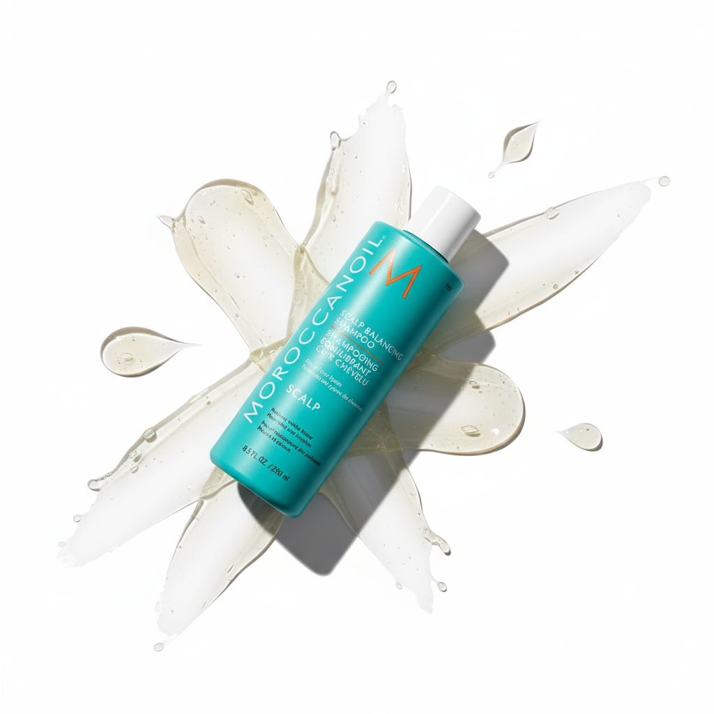 Moroccanoil scalp balancing shampoo bottle on white background with liquid splash design