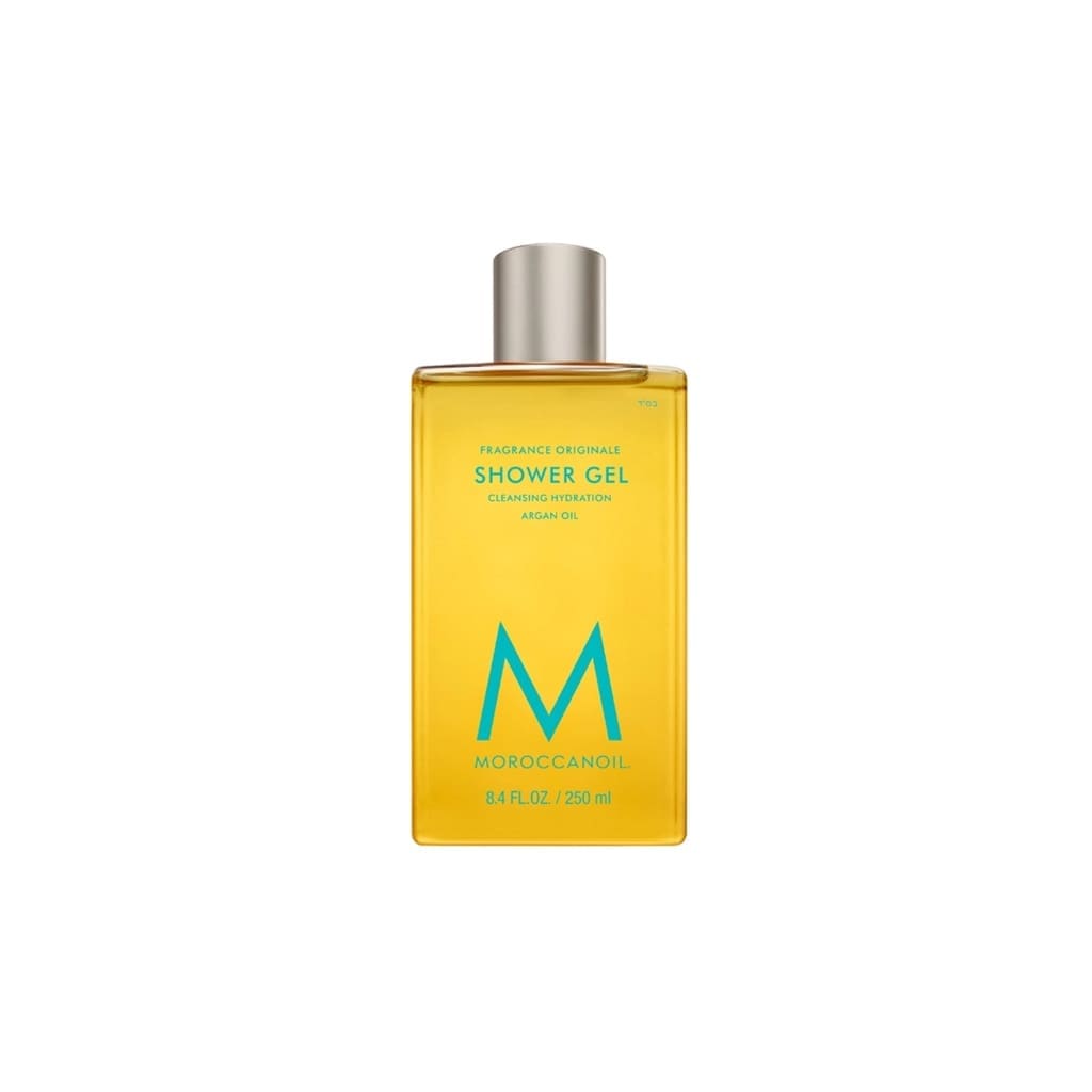 Yellow bottle of Moroccanoil shower gel fragrance originale 250ml with a silver cap