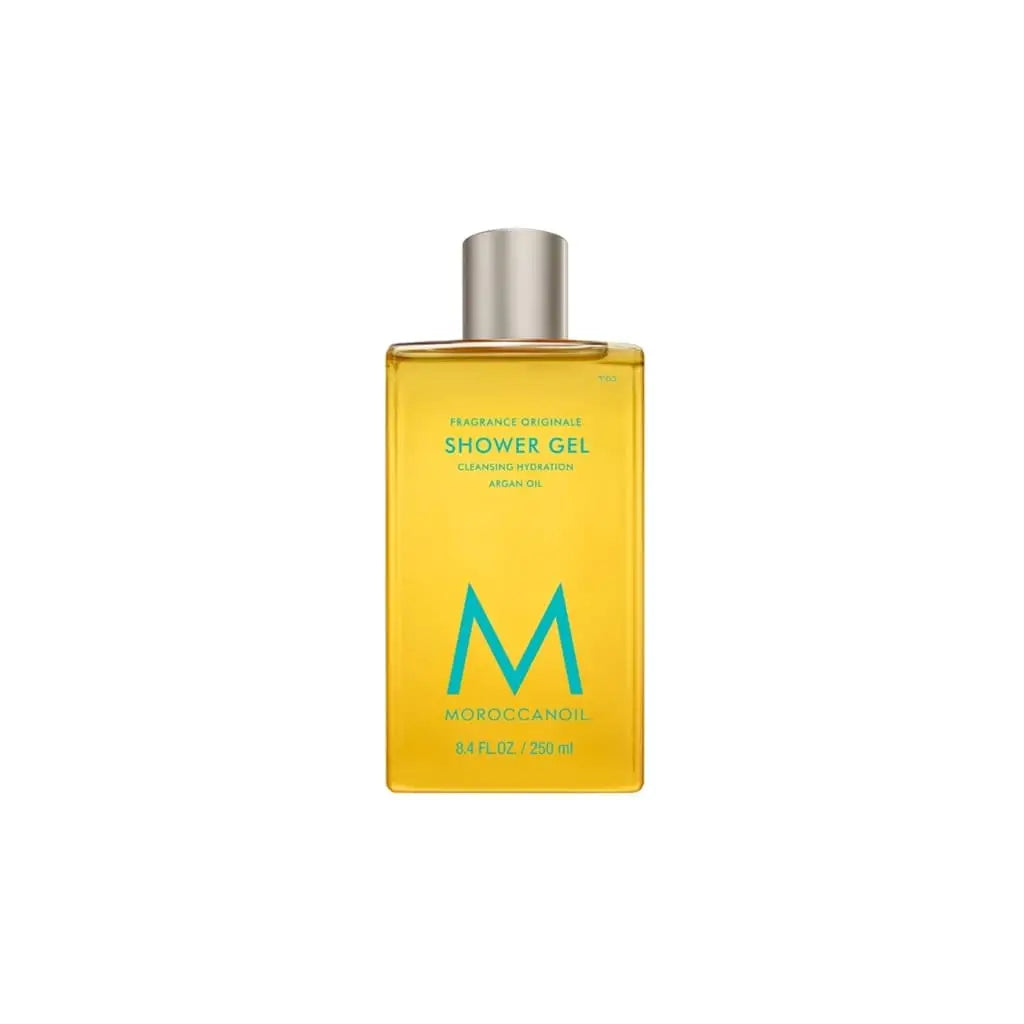 Yellow bottle of Moroccanoil shower gel fragrance originale 250ml with a silver cap