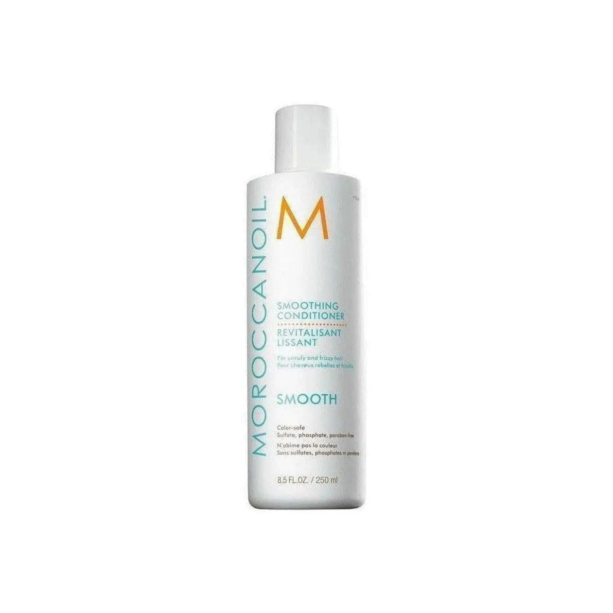 White bottle of Moroccanoil Smoothing Conditioner 250ml for sleek hair with innovative formulas