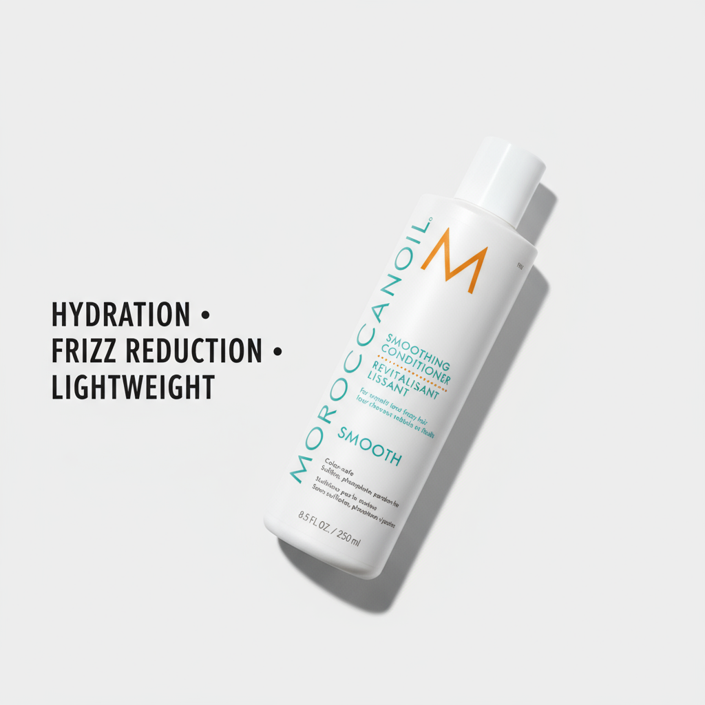 Moroccanoil smoothing conditioner bottle with hydration frizz reduction and lightweight formula