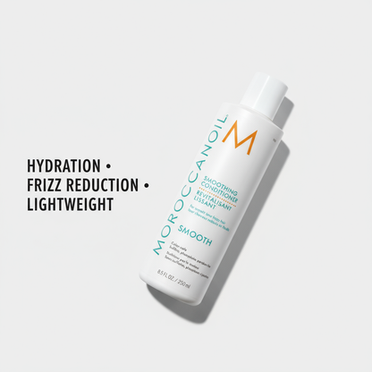 Moroccanoil smoothing conditioner bottle with hydration frizz reduction and lightweight formula