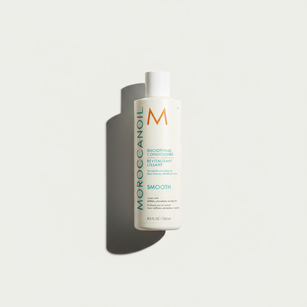 Moroccanoil smoothing conditioner bottle with white packaging and blue text on a white background