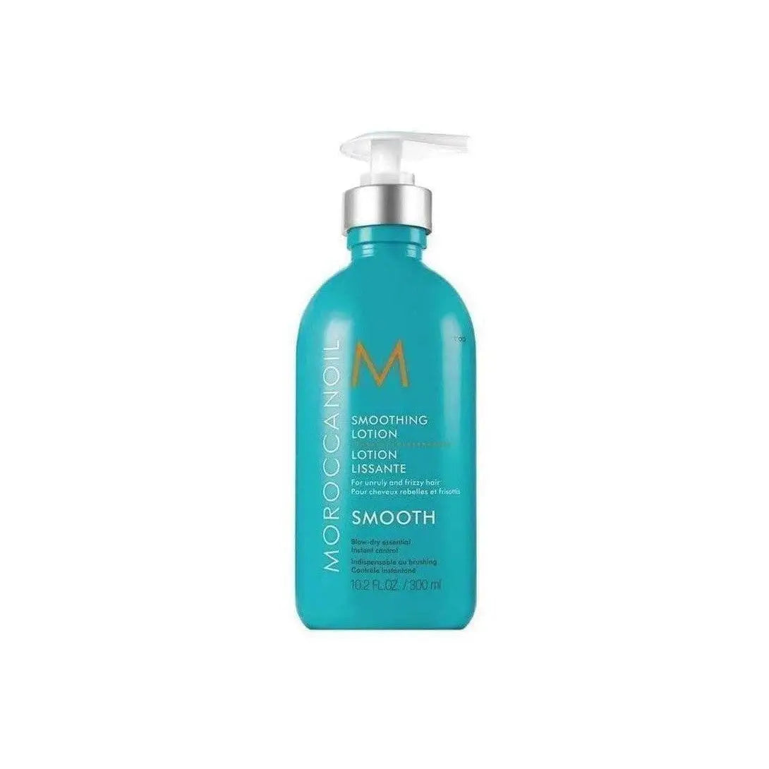 Turquoise bottle of Moroccanoil Smoothing Lotion 300ml with pump dispenser