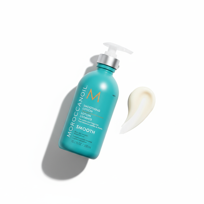 Moroccanoil Smoothing Lotion 300ml blue bottle with pump and lotion sample for hair treatment