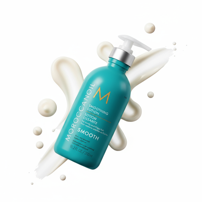 Moroccanoil Smoothing Lotion 300ml blue bottle with pump and creamy lotion smear background