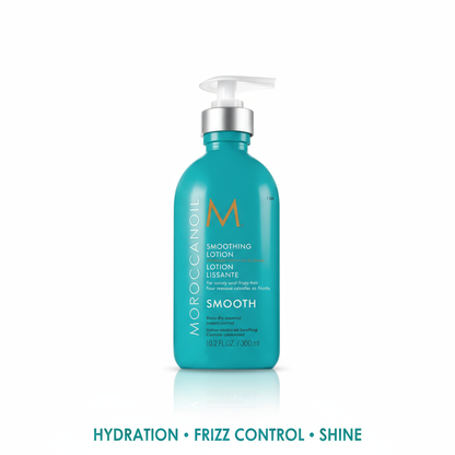 Moroccanoil Smoothing Lotion 300ml in turquoise pump bottle for hydration frizz control and shine