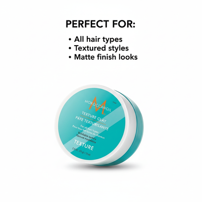 Moroccanoil Texture Clay styling aid in teal and white container for textured styles and matte finish