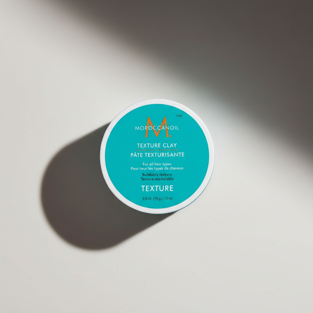 Moroccanoil Texture Clay in blue container styling aid for all hair types with buildable texture