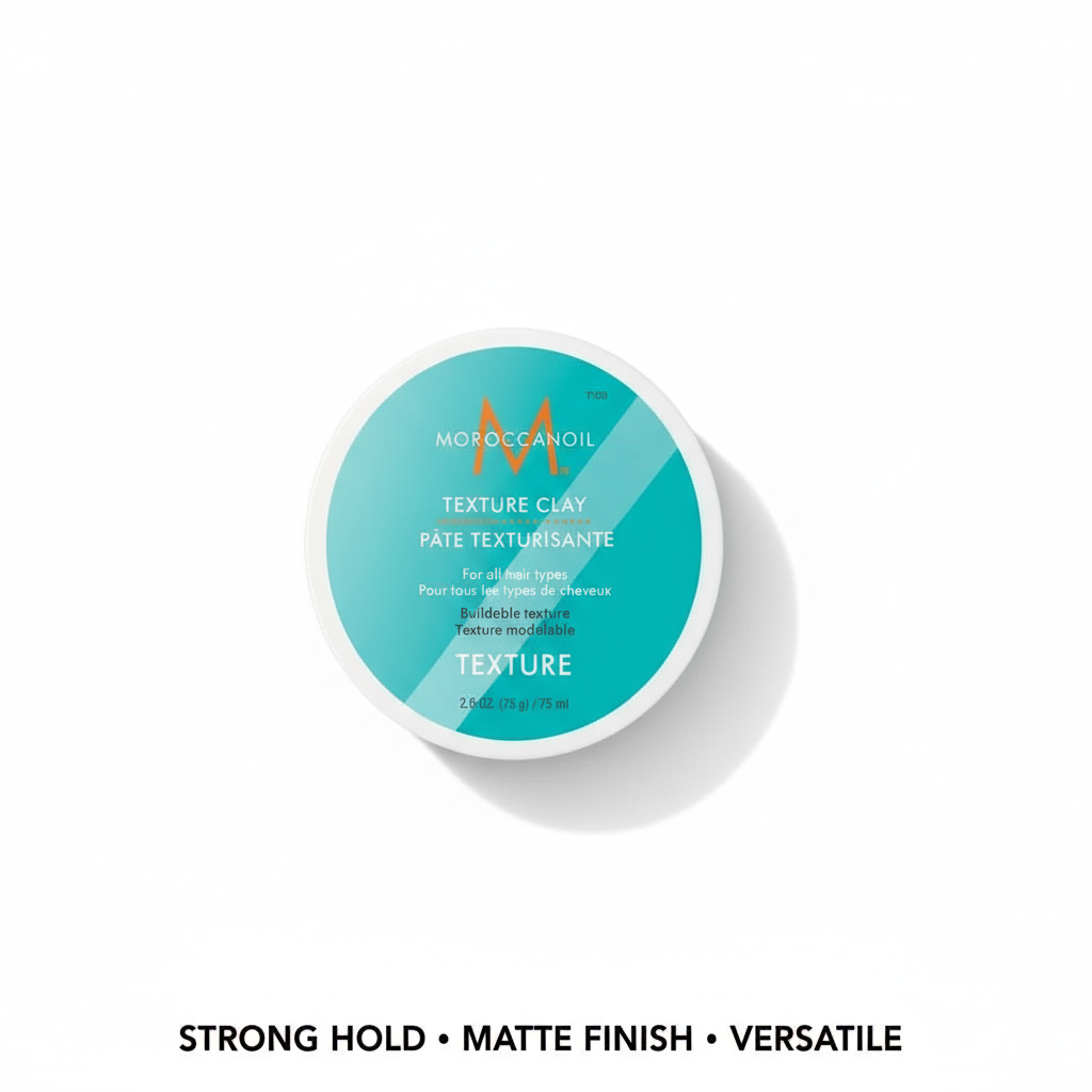Moroccanoil Texture Clay styling aid in turquoise container with strong hold and matte finish
