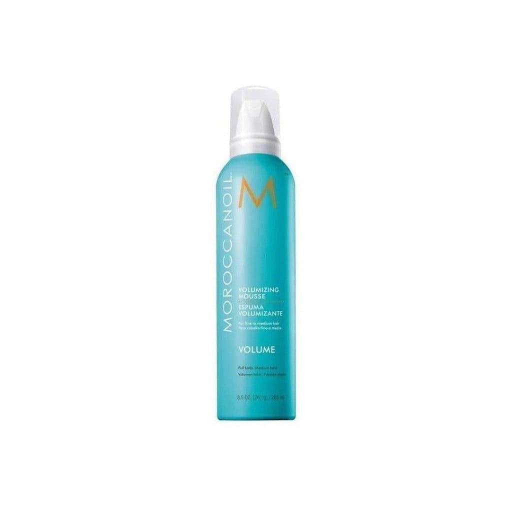 Turquoise aerosol can of Moroccanoil Volumizing Mousse 250ml for natural-looking styles