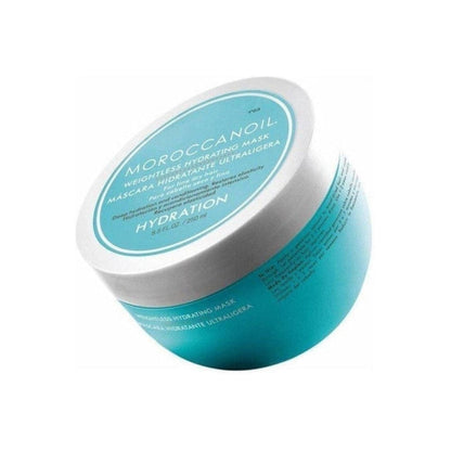 Teal and white jar of Moroccanoil Weightless Hydrating Mask 250ml for smooth, shiny hair