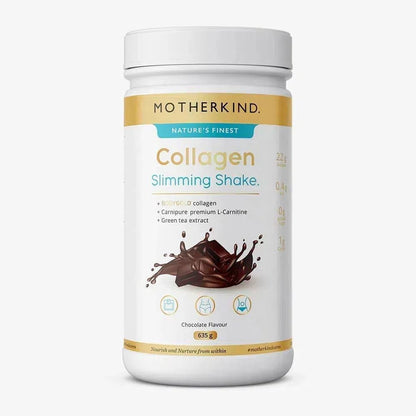 Container of Motherkind Collagen Slimming Chocolate Flavoured Shake 620g