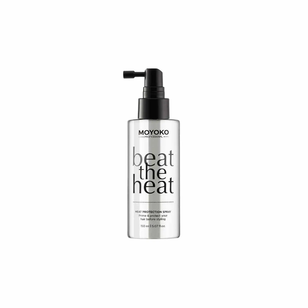 Moyoko Beat the Heat heat protector spray 150ml with black pump and silver-white design