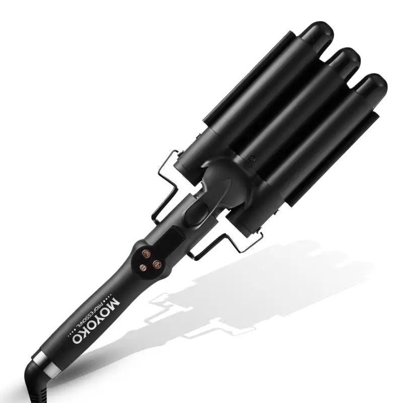 Triple-barrel hair curling iron with a black handle and cylindrical heating elements.