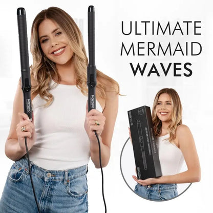 Hair styling tool advertised as ’Ultimate Mermaid Waves’ with two long curling wands held by a woman.