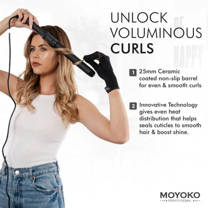 Hair curling tool being used to style long, wavy hair.