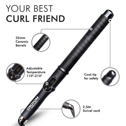 Curling iron with ceramic barrel and adjustable temperature settings.