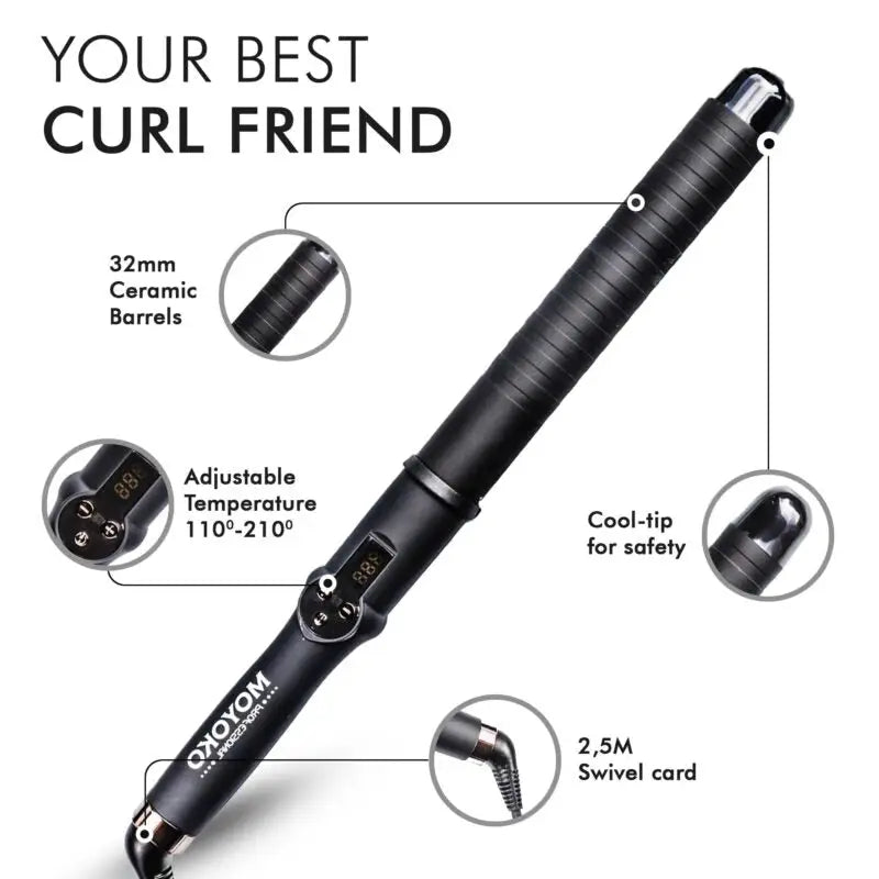 Curling iron with ceramic barrel and adjustable temperature settings.