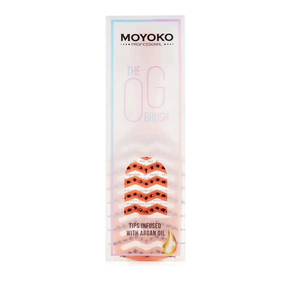 Packaging for Moyoko nail tips infused with argan oil, next to Moyoko Detangling Brush - Orange