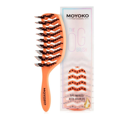 Moyoko Detangling Brush - Orange with soft black bristles and sleek product packaging