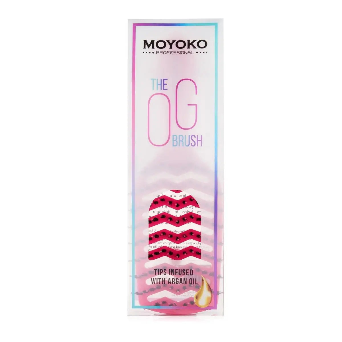 Moyoko Detangling Brush in Pink with soft touch packaging and argan oil-infused tips