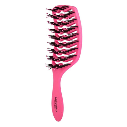 Moyoko Detangling Brush - Pink with soft touch material, black and white wavy bristles