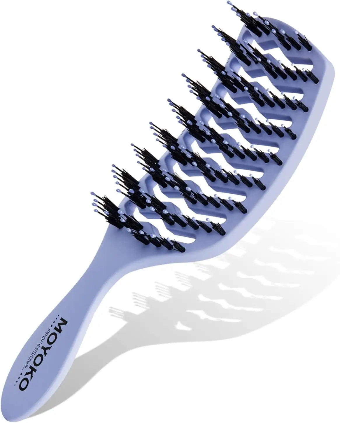 Hair brush with flexible bristles arranged in a curved pattern.