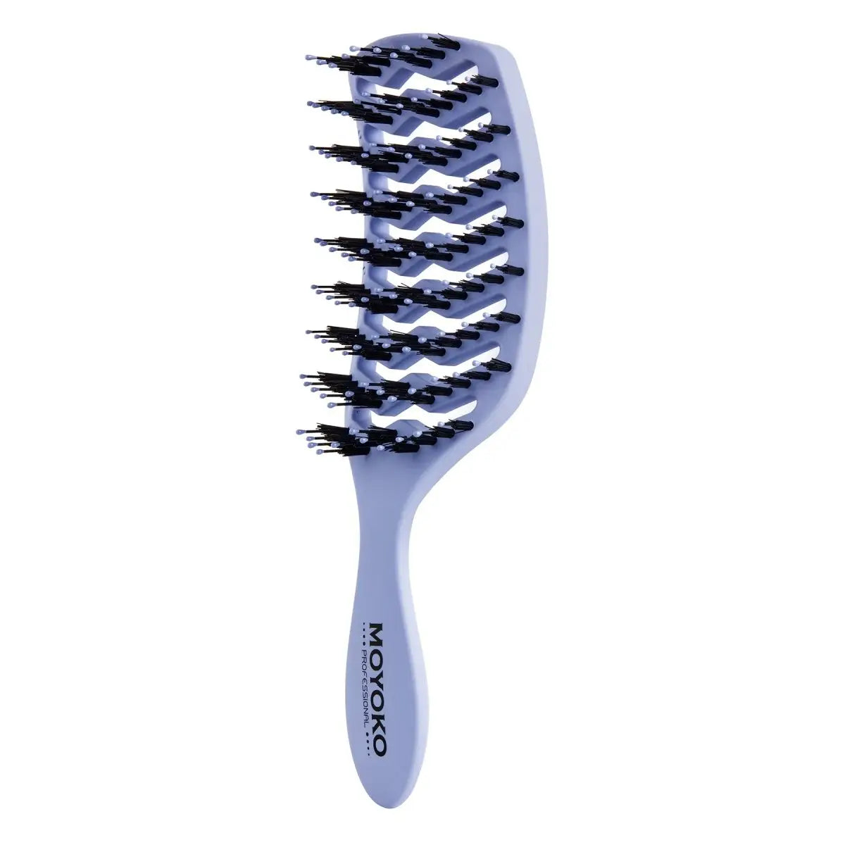 Moyoko Detangling Brush - Pale blue hairbrush with wavy bristle pattern and Moxoro branding