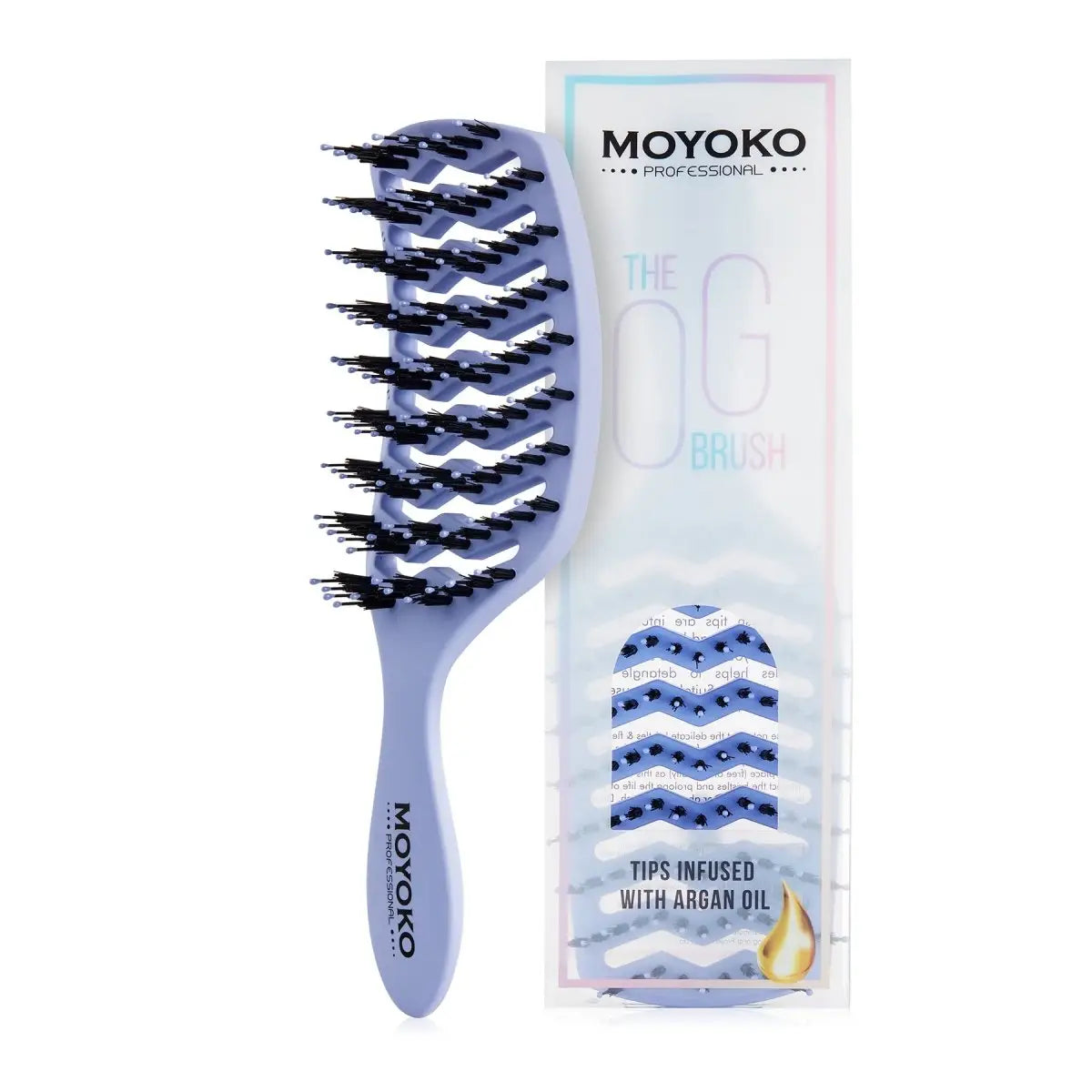 Lavender Moyoko Detangling Brush and packaging for effortless argan oil detangling