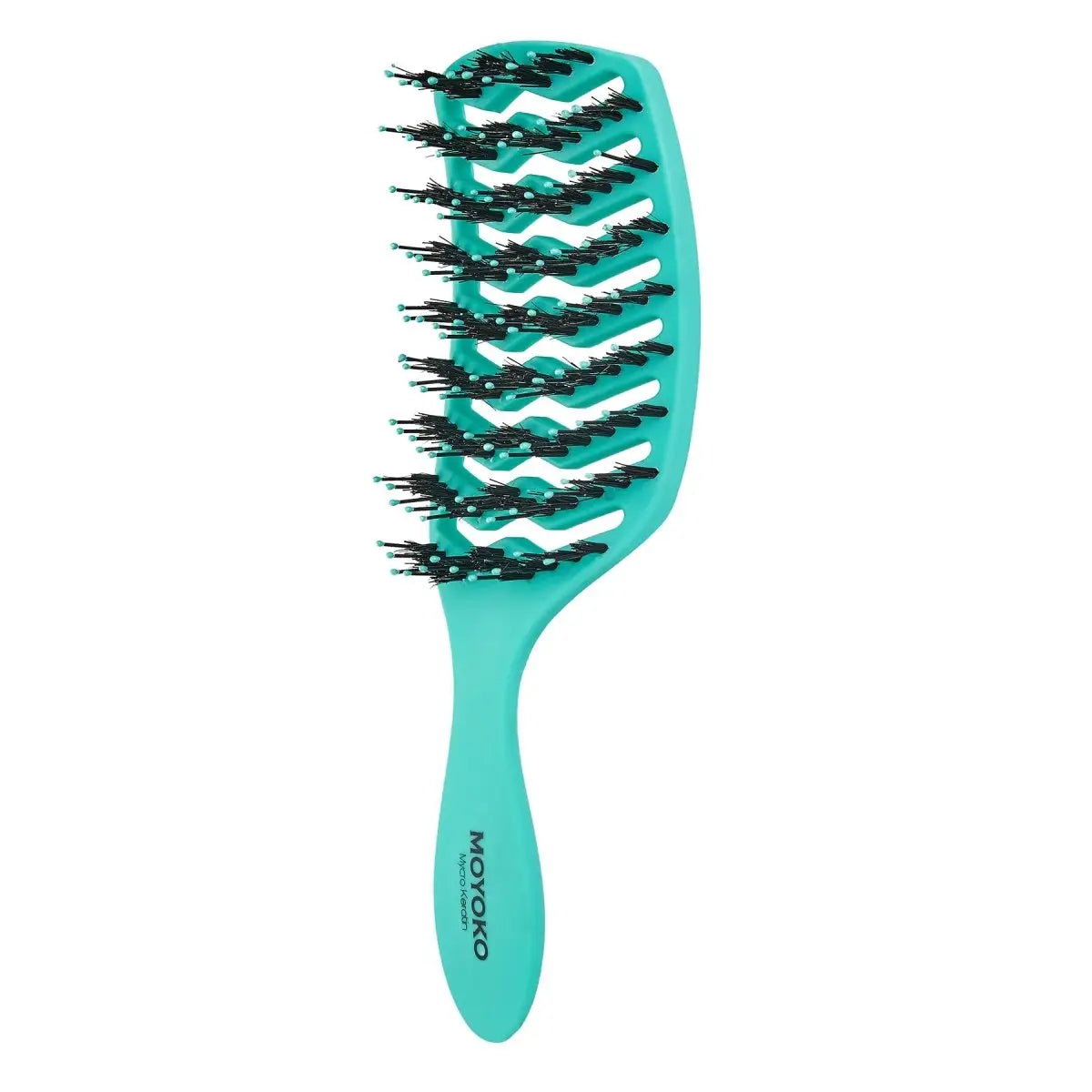 Turquoise Moyoko Detangling Brush with comfortable wavy bristles and ’Motoko’ branding