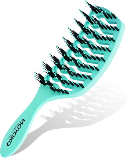 Turquoise hairbrush with flexible bristles arranged in a curved pattern.