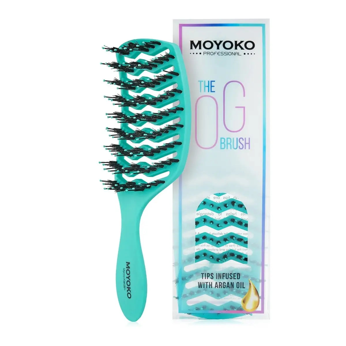 Teal Moyoko Detangling Brush with wavy pins and packaging for comfortable brushing