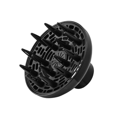 Black hair diffuser attachment with spikes and intricate cutout patterns.