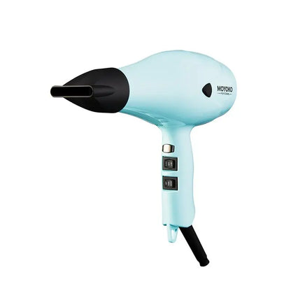 Light blue hair dryer with a black nozzle and control buttons.