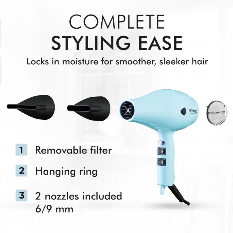 Light blue hair dryer with multiple attachments and features.