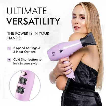 Lilac-colored hair dryer with multiple speed and heat settings.