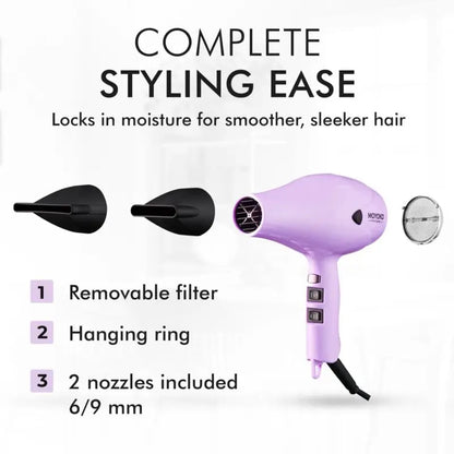 Purple hair dryer with multiple attachments and features.