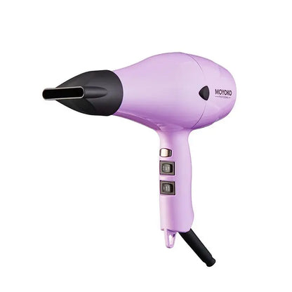 Lavender-colored hair dryer with a black nozzle and control buttons.