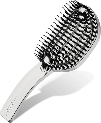 Moyoko Hailo Silver Chrome Detangling Brush - Ergonomic Hairbrush for Effortless Detangling