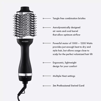 Moyoko Blow Dryer Brush - Black - Volumizing Hair Styler - Hot Air Brush