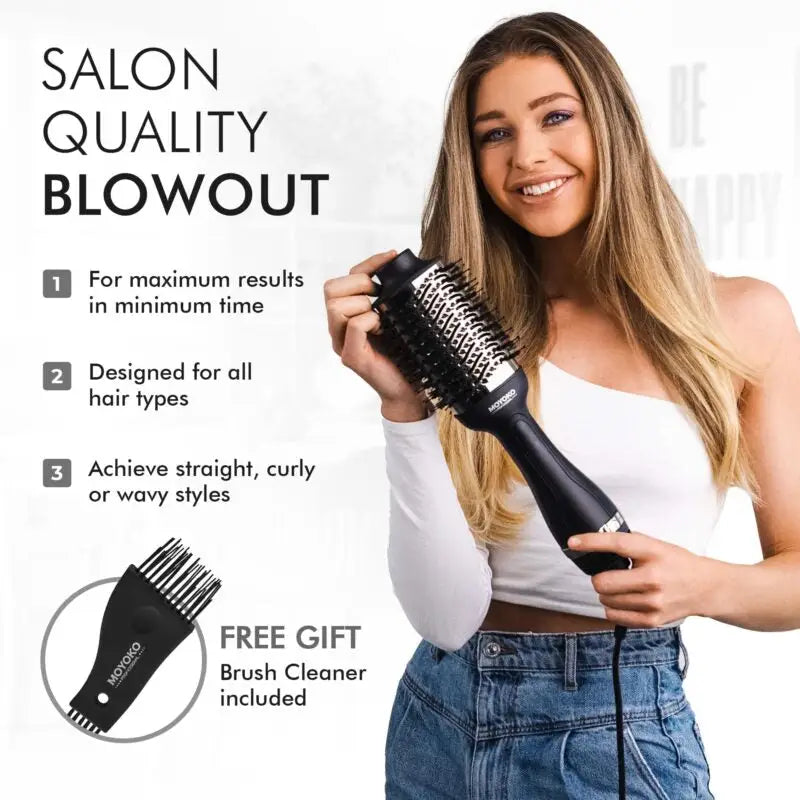 Hair styling tool that combines a round brush with a blow dryer for blowouts.