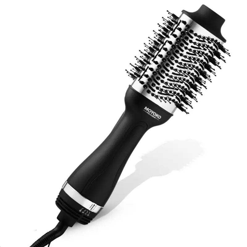 Hair dryer brush with a round barrel and bristles.