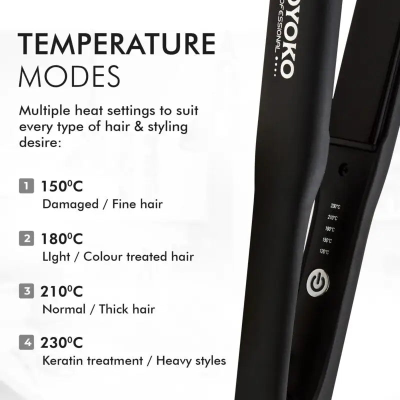 Hair straightener with multiple temperature settings displayed.