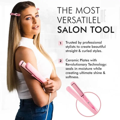 Pink hair straightener or styling tool with ceramic plates.