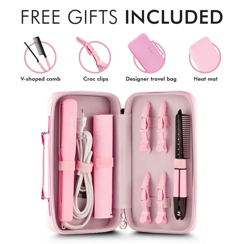 Pink travel case containing hair styling tools and accessories.