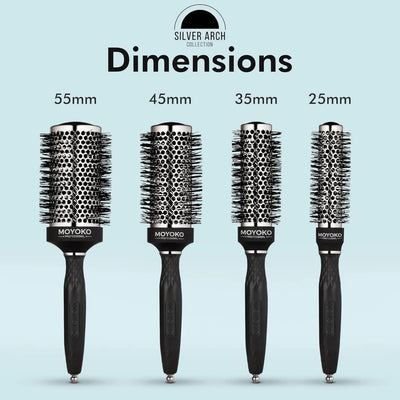 Moyoko Silver Arch Round Blow Dry Hair Brush Dimensions: 25mm, 35mm, 45mm, 55mm. Sizes for professional blow drying.