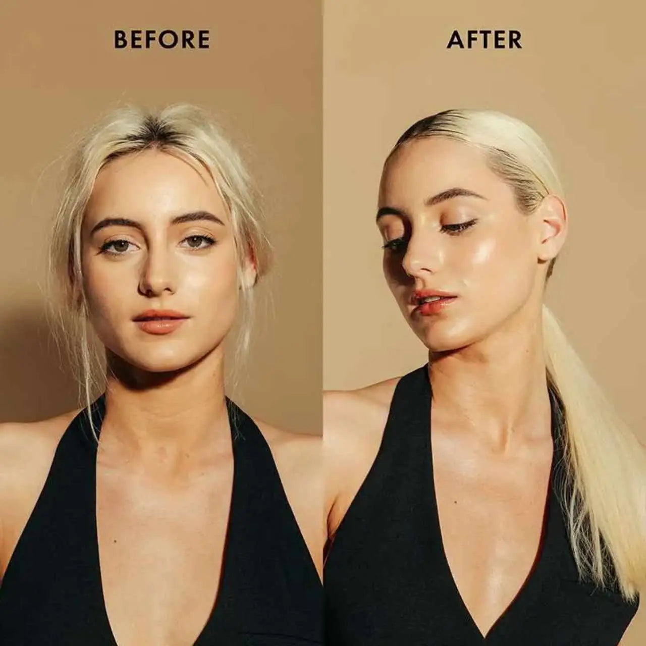 Before and after beauty comparison showcasing Moyoko Sleek hair wax stick results in Cape Town