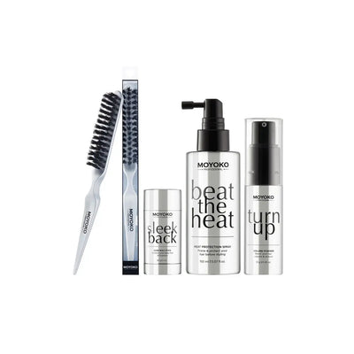 Moyoko Hair Styling Products Bundle: Heat Protection, Volume Powder, Wax Stick & Brush for professional hair care